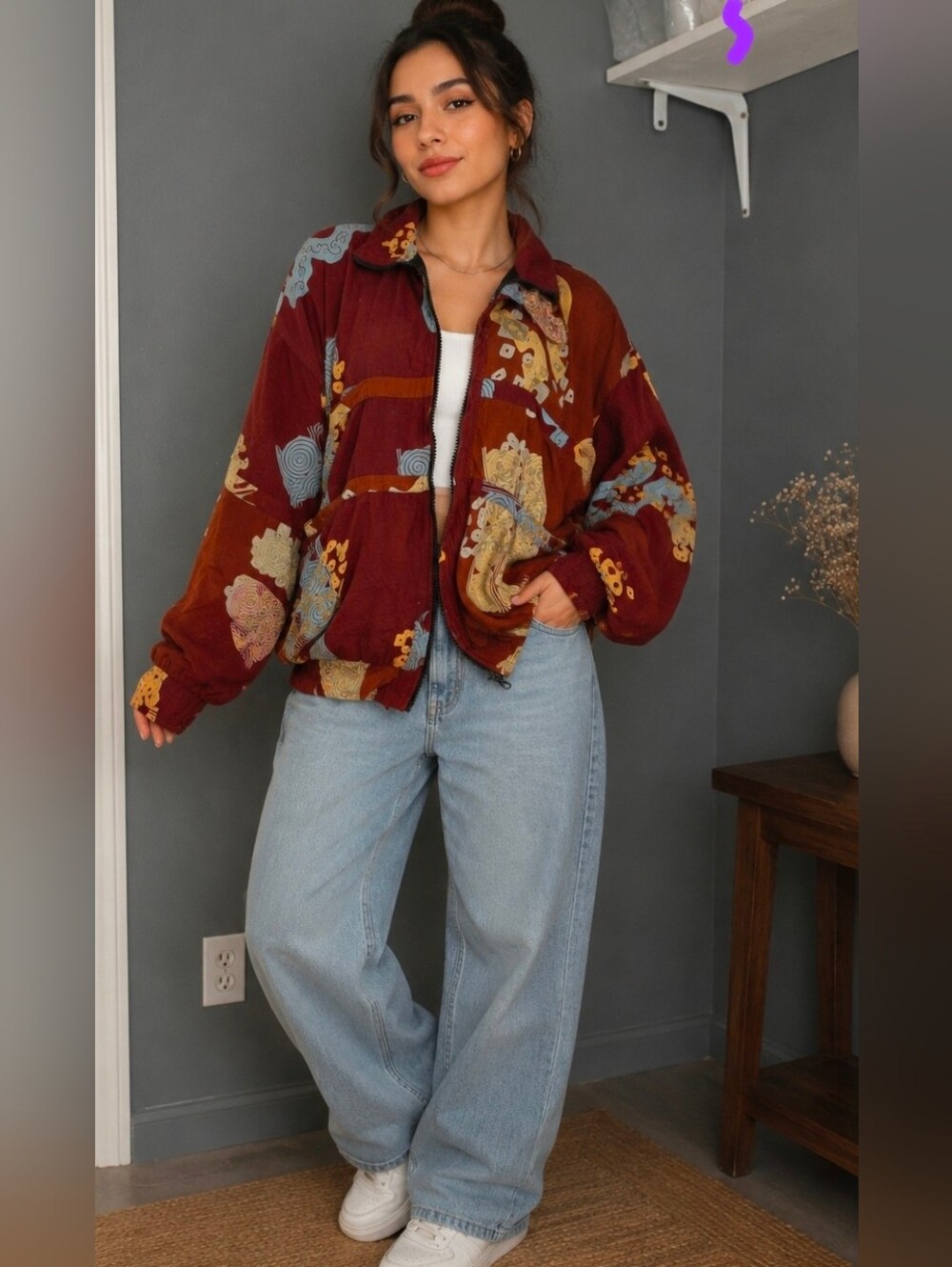 Passport Burgundy Multicolor Printed Bomber Jacket
